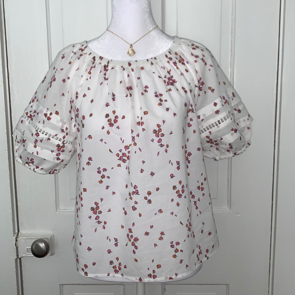 A.N.A WHITE FLORAL BOHO PUFF SLEEVE TOP